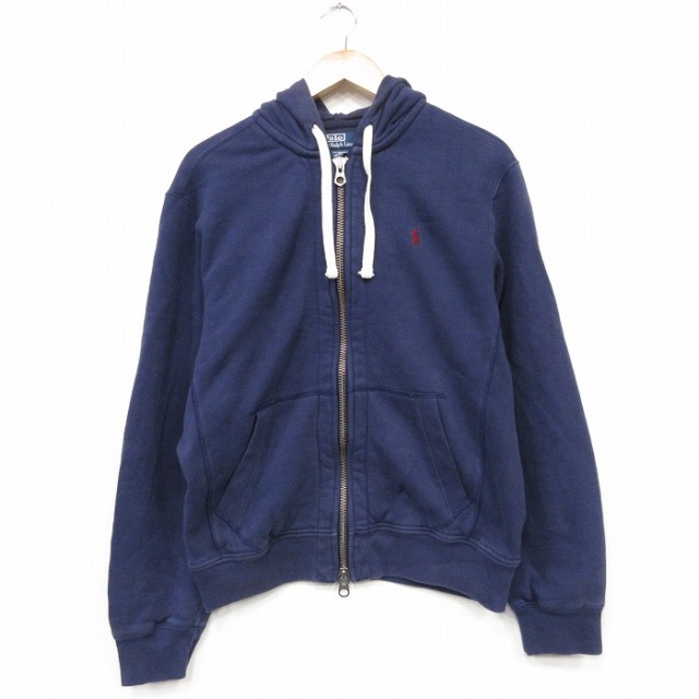 L★古着 ラルフローレン 長袖 ブランド フルジップ スウェット パーカー メンズ 90年代 90s ワンポイントロゴ ネイビー 内側サーマル【spe】 26aug24