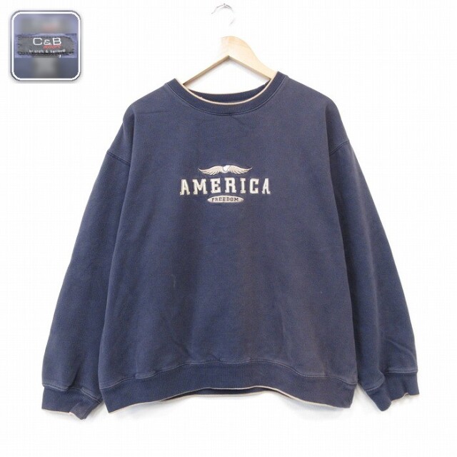 長袖スウェット AMERICA刺繍 ネイビー メンズXL相当 | 古着