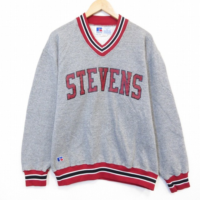 L★古着 ラッセル 長袖 スウェット メンズ 90年代 90s STEVENS Vネック USA製 グレー 霜降り【spe】 26aug21