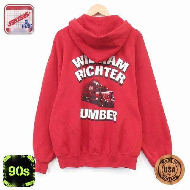 ジャージーズ 長袖 フルジップ スウェット パーカー 90s トラック LUMBER USA製 レッド メンズXL相当 | 古着