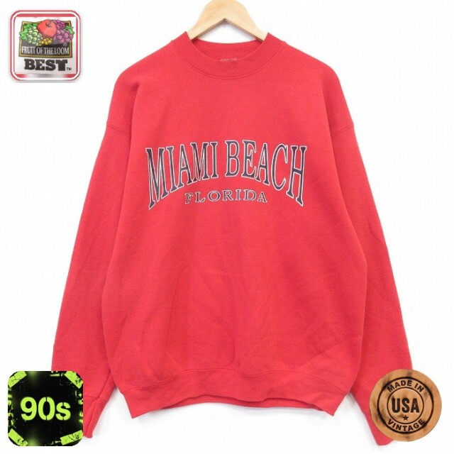 フルーツオブザルーム 90s 長袖スウェット MIAMI BEACH レッド メンズL相当 | 古着