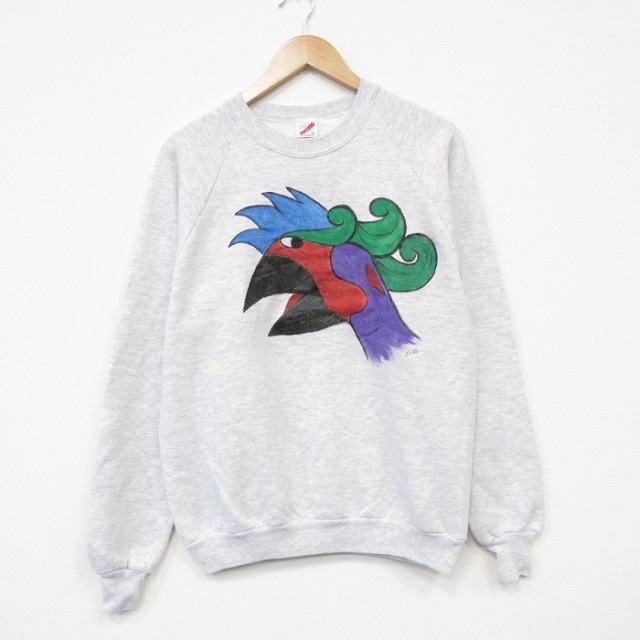 M★古着 ジャージーズ 長袖 スウェット メンズ 80年代 80s 鳥 ハンドペイント ラグラン クルーネック USA製 グレー 霜降り【spe】 26sep07