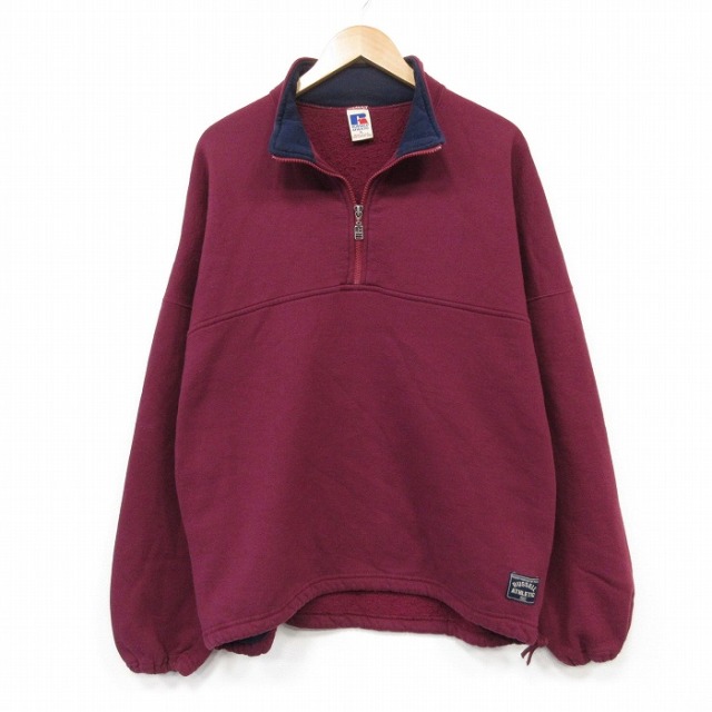 XL★古着 ラッセル 長袖 ハーフジップ スウェット メンズ 90年代 90s 無地 大きいサイズ USA製 バーガンディ【spe】 26sep07