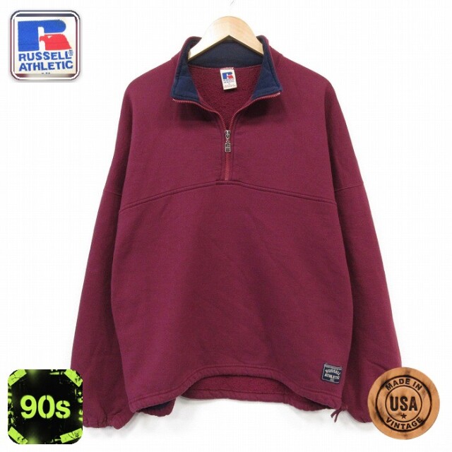 90s RUSSELL ATHLETIC ナイロン ハーフジップ XL A71 古着通販 XL☆古着 ラッセル 長袖 ハーフジップ スウェット メンズ 90