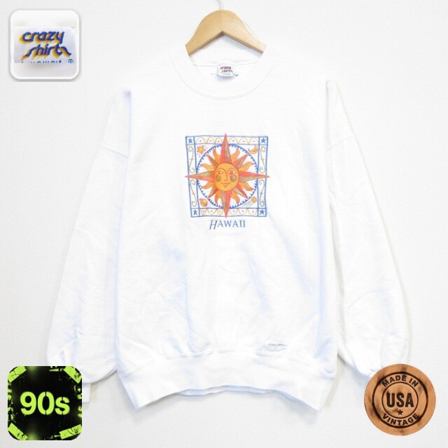 Crazy Shirts 長袖 スウェット 90s 太陽 山 クルーネック USA製 ホワイト メンズXL相当 | 古着