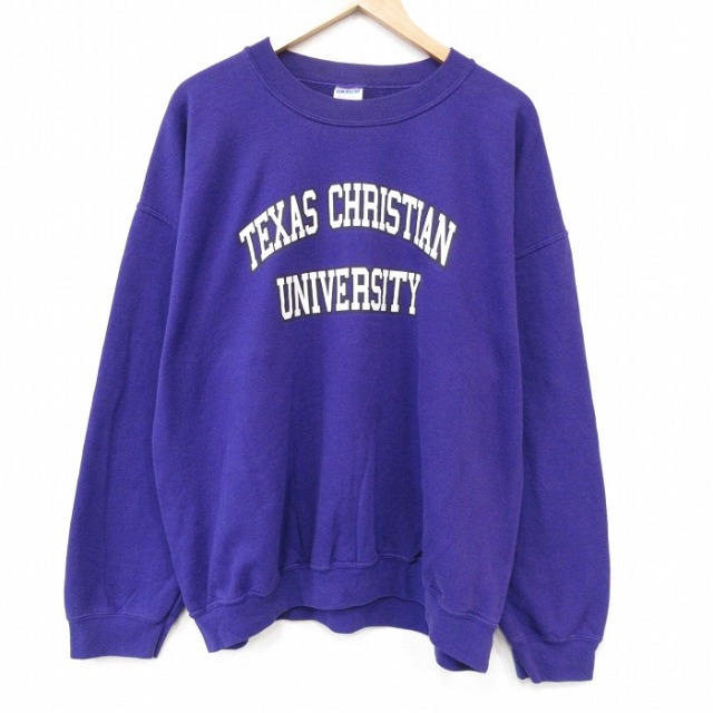 XL★古着 長袖 スウェット メンズ 00年代 00s テキサスクリスチャン大学 大きいサイズ クルーネック パープル 26sep03