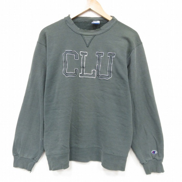 L★古着 チャンピオン 長袖 スウェット メンズ 90年代 90s CLU ししゅう ボロ クルーネック グリーン【spe】 26sep03