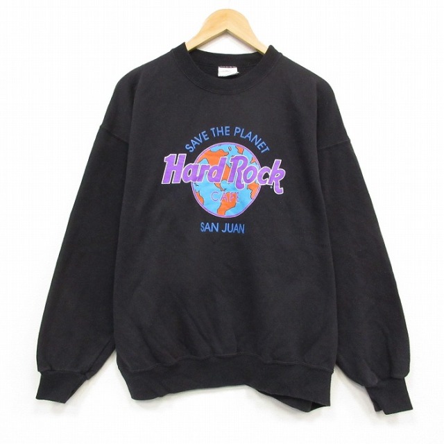 XL★古着 長袖 スウェット メンズ 90年代 90s ハードロックカフェ 大きいサイズ クルーネック USA製 ブラック 26sep03