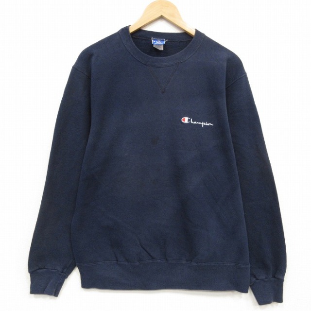 L★古着 チャンピオン 長袖 スウェット メンズ 90年代 90s ワンポイントロゴ クルーネック USA製 ネイビー 26sep03