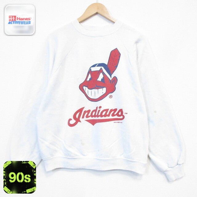 ヘインズ 90s 長袖スウェット MLBクリーブランドインディアンス ホワイト メンズL相当 | 古着