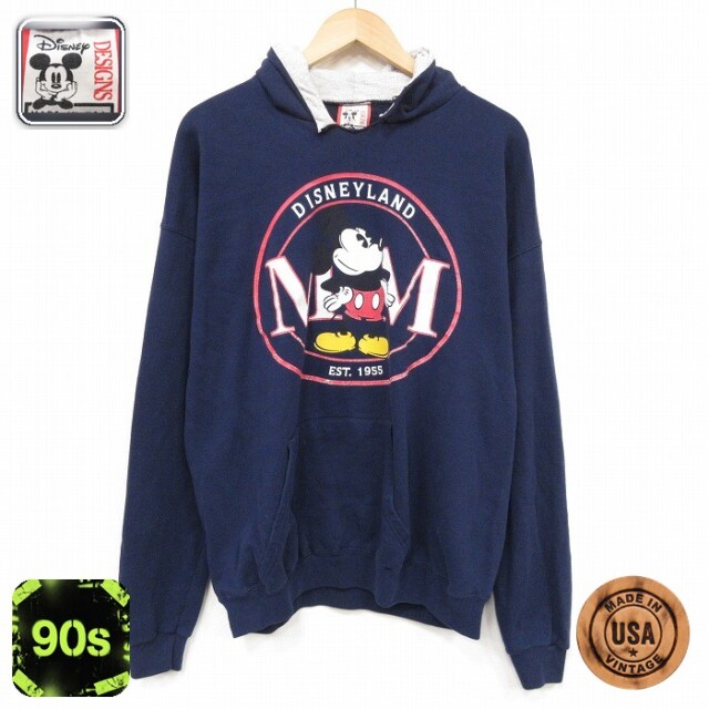 XL★古着 長袖 スウェット パーカー メンズ 90年代 90s ディズニー ミッキー USA製 ネイビー【spe】 26sep09