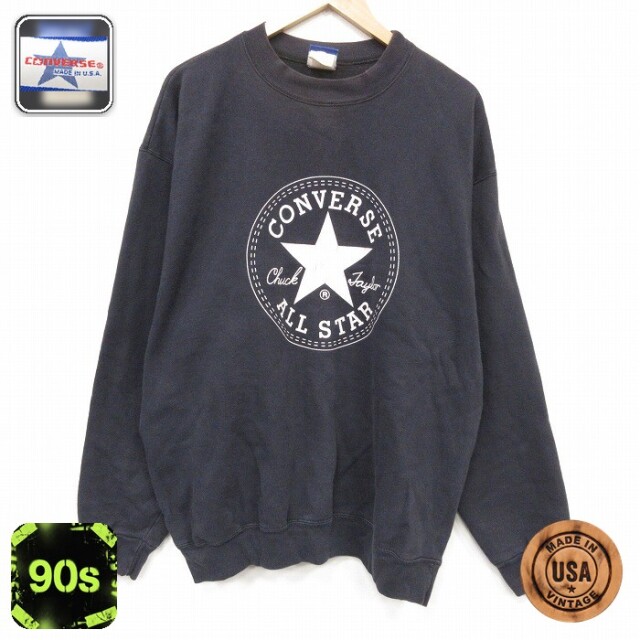 XL★古着 コンバース 長袖 スウェット メンズ 90年代 90s ビッグロゴ 大きいサイズ クルーネック USA製 ブラック【spe】 26sep09