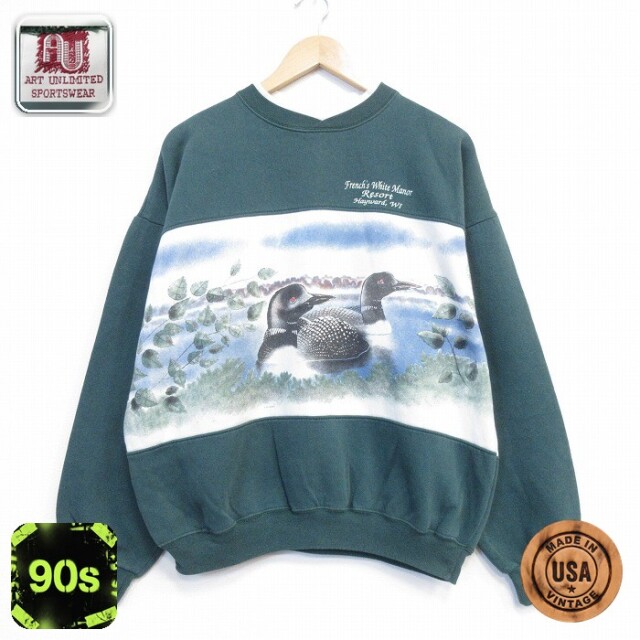 長袖 スウェット 90s 鳥 クルーネック USA製 グリーン メンズXL相当 | 古着