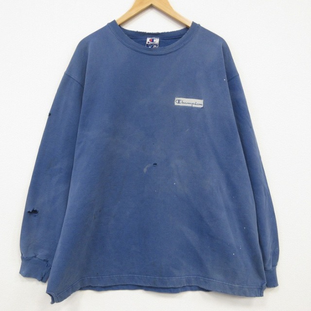 XL★古着 チャンピオン 長袖 スウェット メンズ 90年代 90s ワンポイントロゴ 刺繍 大きいサイズ クルーネック ネイビー【spe】 26sep30