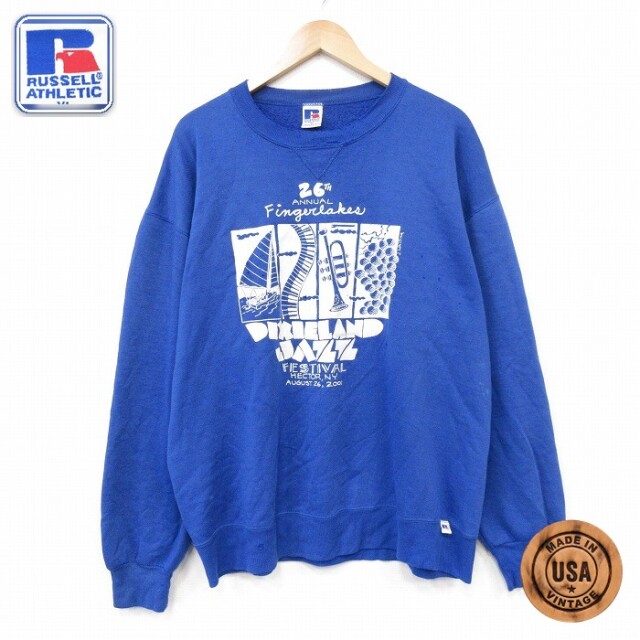 XL★古着 ラッセル 長袖 スウェット メンズ 90年代 90s ジャズ クルーネック USA製 ブルー【spe】 26oct01