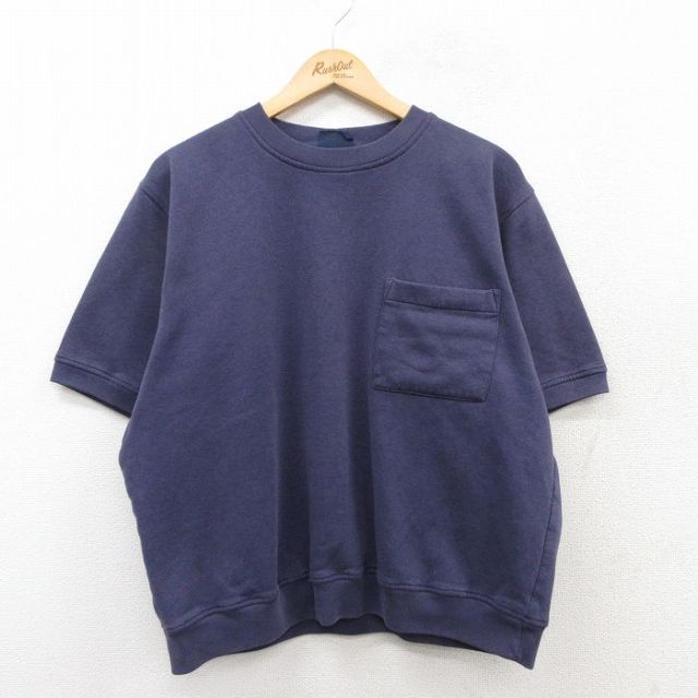 XL★古着 半袖 スウェット メンズ 無地 胸ポケット付き クルーネック 紺 ネイビー 25apr09 中古 スエット トレーナー トップス