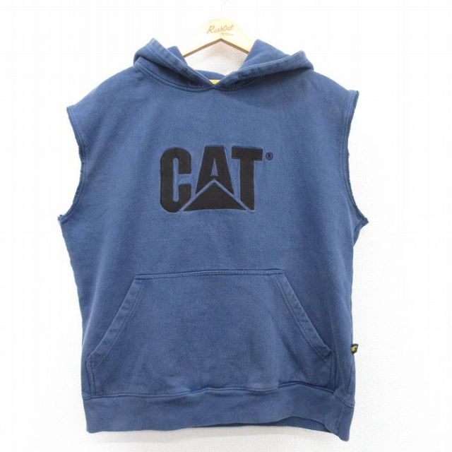 【50%OFF】L★古着 ノースリーブ スウェット メンズ CAT 紺 ネイビー 25apr09 中古 スエット トレーナー トップス