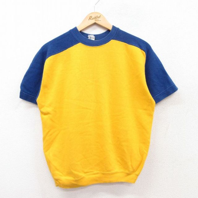 M★古着 半袖 スウェット メンズ 80年代 80s 無地 ツートンカラー クルーネック 黄他 イエロー 25apr24 中古 スエット トレーナー トップス
