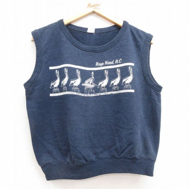 M★古着 ノースリーブ スウェット メンズ 80年代 80s 鳥 クルーネック USA製 紺 ネイビー 霜降り 25apr30 中古 スエット トレーナー トップス