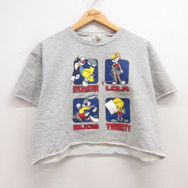 L★古着 半袖 スウェット メンズ 90年代 90s ルーニーテューンズ LOONEY TUNES バッグスバニー トゥイーティー ショート丈 コットン クルーネック グレー 霜降り 25apr30 中古 スエット トレーナー トップス