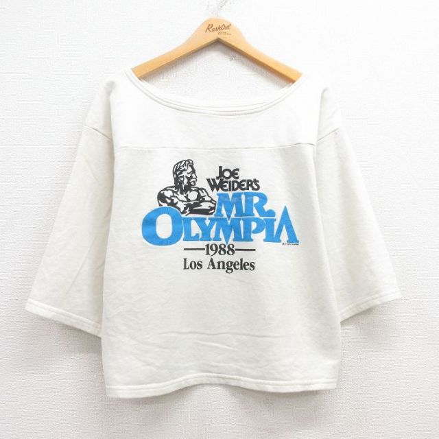 【50%OFF】M★古着 7分袖 スウェット メンズ 80年代 80s MR.OLYMPIA クルーネック USA製 白系 ホワイト 25apr30 中古 スエット トレーナー トップス