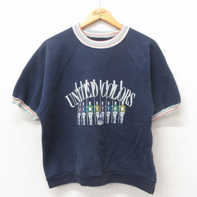L★古着 ベネトン BENETTON 半袖 スウェット メンズ 90年代 90s ラグラン クルーネック イタリア製 紺 ネイビー 25may24 中古 スエット トレーナー トップス