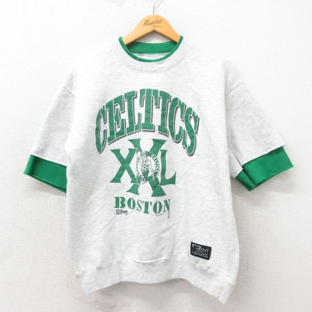 L★古着 半袖 スウェット メンズ 90年代 90s NBA ボストンセルティックス 大きいサイズ グレー 霜降り バスケットボール 25may24 中古 スエット トレーナー トップス