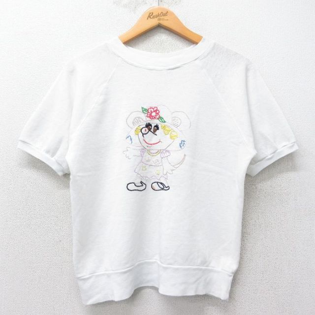 S★古着 半袖 スウェット メンズ 80年代 80s ネズミ 刺繍 ラグラン クルーネック USA製 白 ホワイト 【spe】 25jul04 中古 スエット トレーナー トップス