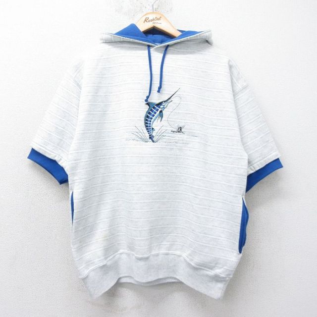 【50%OFF】L★古着 半袖 スウェット パーカー メンズ 90年代 90s カジキ 刺繍 USA製 薄グレー 霜降り他 ボーダー 25jul04 中古 スエット トレーナー トップス