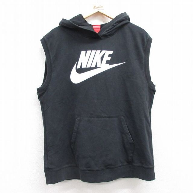 L★古着 ナイキ NIKE ノースリーブ スウェット パーカー メンズ ビッグロゴ コットン 黒 ブラック 25jul04 中古 スエット トレーナー トップス