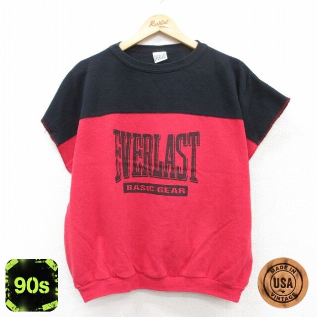 【50%OFF】XL★古着 半袖 スウェット メンズ 90年代 90s EVERLAST ツートンカラー クルーネック USA製 赤他 レッド 25jul08 中古 スエット トレーナー トップス
