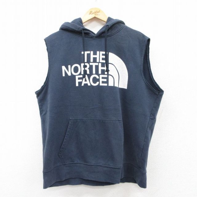 XL★古着 ノースフェイス THE NORTH FACE ノースリーブ スウェット パーカー メンズ ビッグロゴ 紺 ネイビー 25jul08 中古 スエット トレーナー トップス