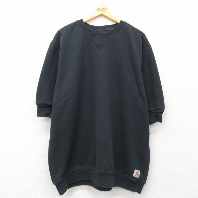 XL★古着 カーハート Carhartt 半袖 スウェット メンズ ワンポイントロゴ 大きいサイズ ロング丈 クルーネック 黒 ブラック 【spe】 25jul16 中古 スエット トレーナー トップス