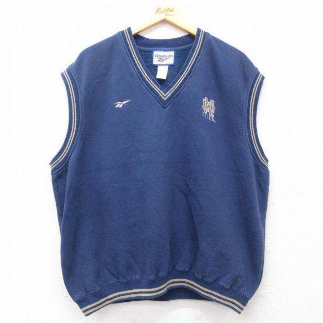 XL★古着 リーボック REEBOK ノースリーブ スウェット メンズ ワンポイントロゴ アイリッシュ ノートルダム 大きいサイズ Vネック 紺他 ネイビー 25jul16 中古 スエット トレーナー トップス