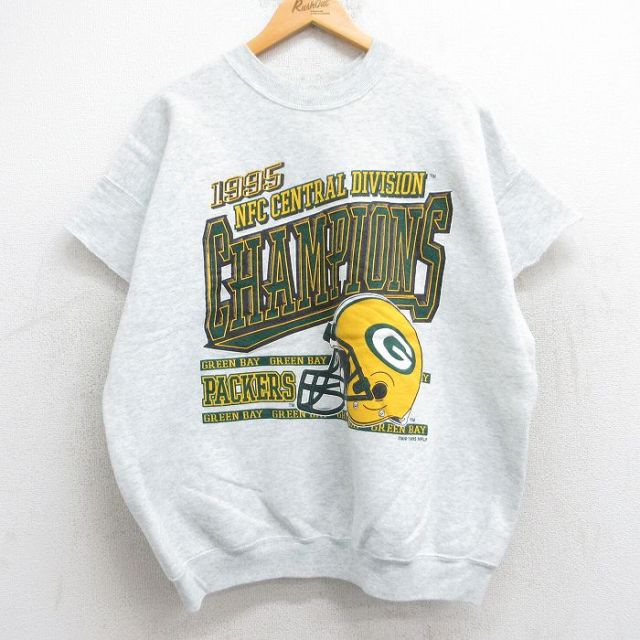 XL★古着 フルーツオブザルーム 半袖 スウェット メンズ 90年代 90s NFL グリーンベイパッカーズ クルーネック 薄グレー 霜降り アメフト スーパーボウル 25aug13 中古 スエット トレーナー トップス