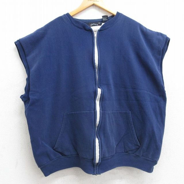 XL★古着 ノースリーブ フルジップ スウェット メンズ 80年代 80s 無地 大きいサイズ 紺 ネイビー 内側サーマル 25aug13 中古 スエット トレーナー トップス