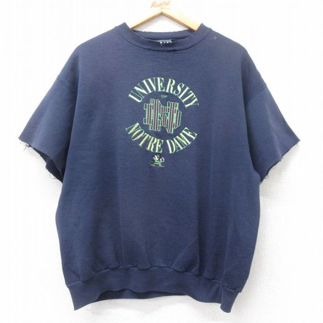 L★古着 半袖 スウェット メンズ 90年代 90s ノートルダム 刺繍 クルーネック 紺 ネイビー 25sep30 中古 スエット トレーナー トップス