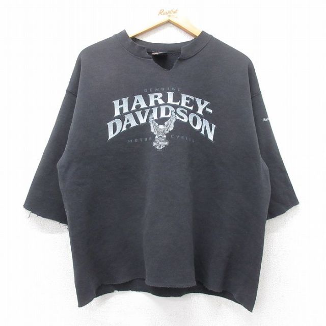 L★古着 ハーレーダビッドソン Harley Davidson 半袖 スウェット メンズ 00年代 00s ビッグロゴ クルーネック 黒 ブラック 【spe】 25sep30 中古 スエット トレーナー トップス