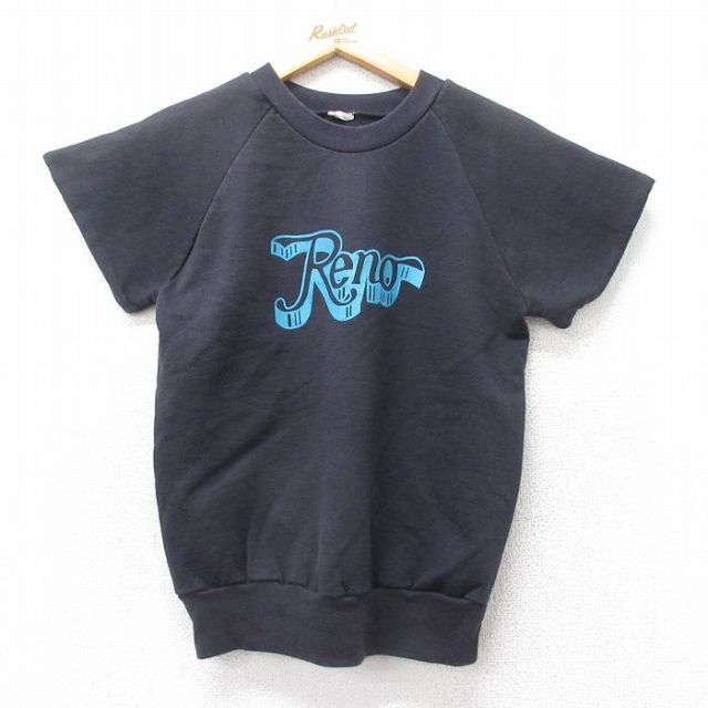 XS★古着 半袖 スウェット メンズ 80年代 80s Reno ラグラン クルーネック 黒 ブラック 25sep30 中古 スエット トレーナー トップス