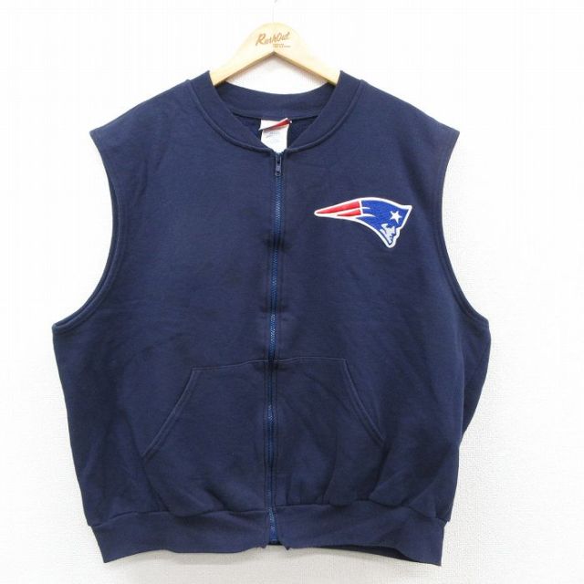 XL★古着 マジェスティック ノースリーブ フルジップ スウェット メンズ 90年代 90s NFL ニューイングランドペイトリオッツ 大きいサイズ USA製 紺 アメフト スーパーボウル26feb03