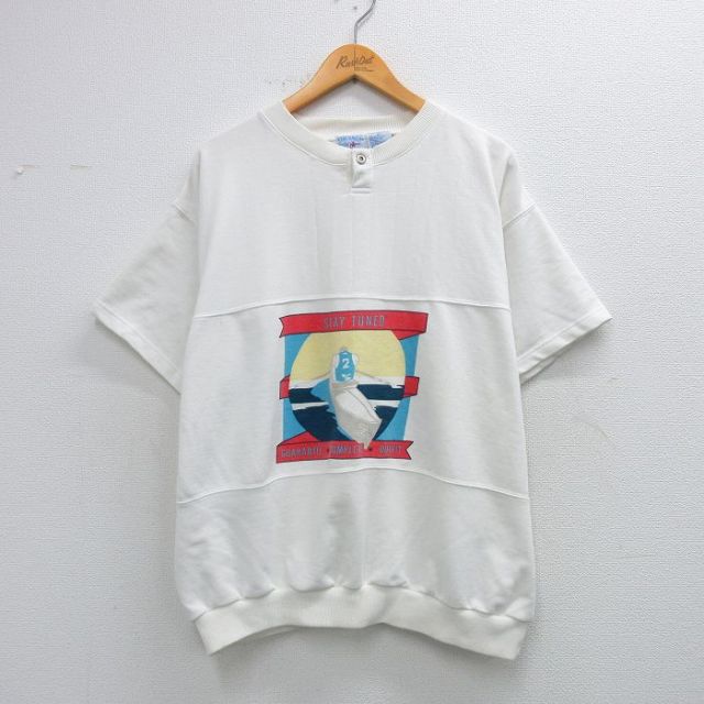 XL★古着 半袖 スウェット メンズ 00年代 00s ボート 大きいサイズ ヘンリーネック 白 26feb06