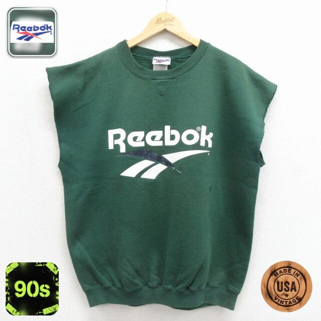 リーボック 90s ノースリーブスウェット ビッグロゴ グリーン メンズXL相当 | 古着