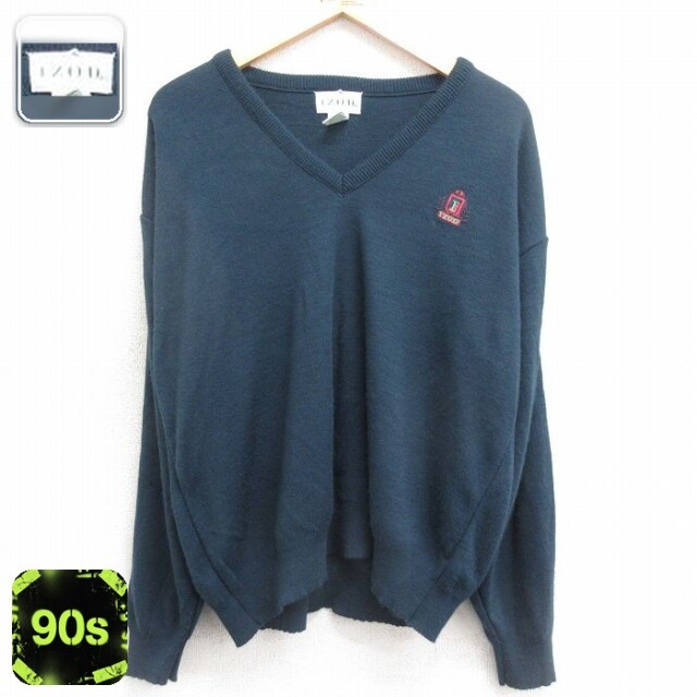 L★古着 IZOD 長袖 セーター メンズ 90年代 90s ワンポイントロゴ アクリル Vネック 紺 ネイビー 24jan18 中古 ニット トップス