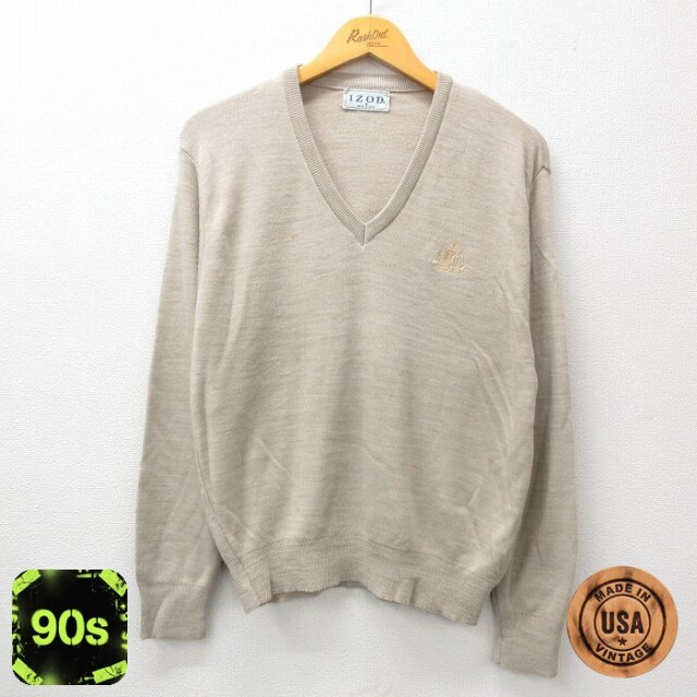 IZOD 90s 長袖セーター ワンポイントロゴ ベージュ M | 古着