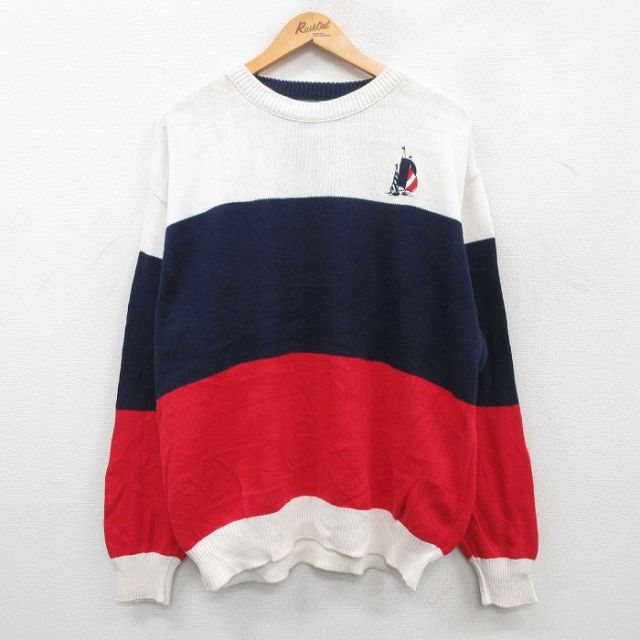 XL★古着 長袖 セーター メンズ 90年代 90s ヨット マルチカラー 大きいサイズ コットン クルーネック USA製 白他 ホワイト 24sep25 中古 ニット トップス