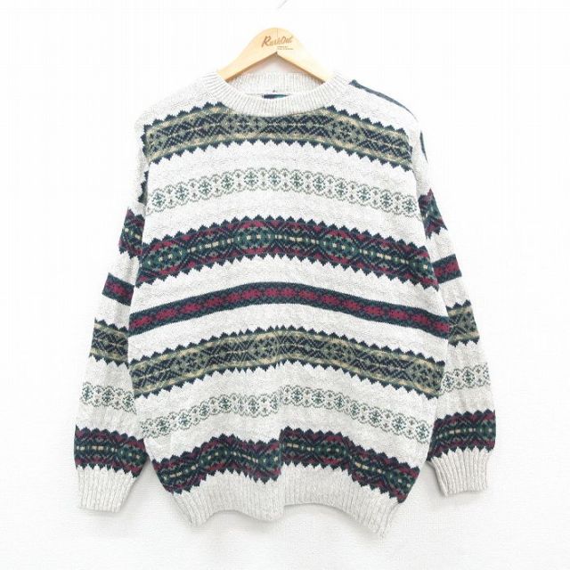 【50%OFF】L★古着 長袖 セーター メンズ 90年代 90s フェアアイル クルーネック USA製 緑他 グリーン 24sep25 中古 ニット トップス