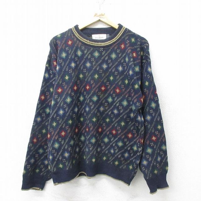 【50%OFF】L★古着 長袖 セーター メンズ 90年代 90s 総柄 手織り クルーネック USA製 紺 ネイビー 24sep25 中古 ニット トップス