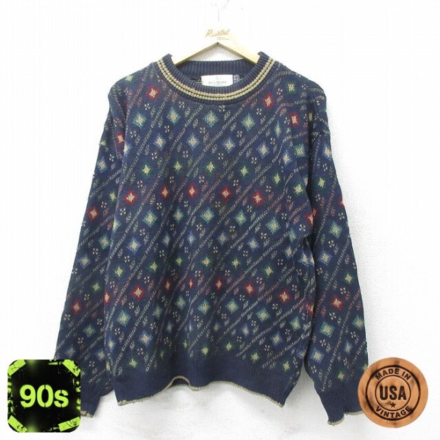 【50%OFF】90s 長袖セーター 総柄 ネイビー メンズL相当 | 古着