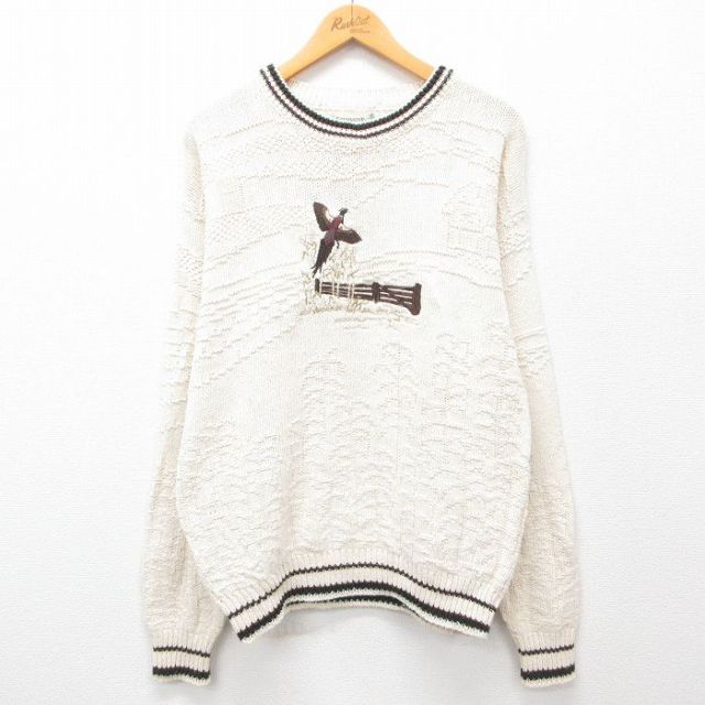 M★古着 長袖 セーター メンズ 90年代 90s 鳥 刺繍 コットン クルーネック USA製 白 ホワイト 24sep26 中古 ニット トップス