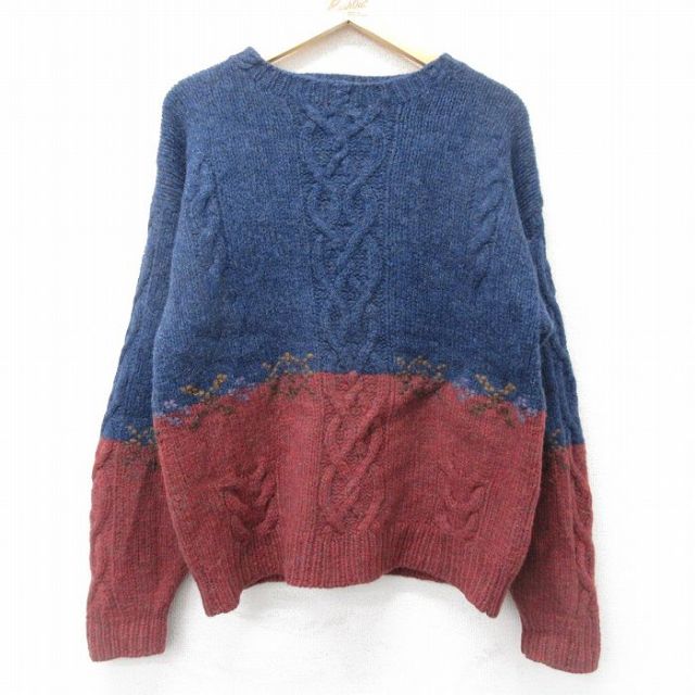 M★古着 ウールリッチ WOOLRICH 長袖 ケーブル セーター メンズ 00年代 00s 手織り ハンドニット ウール クルーネック 紺他 ネイビー 霜降り 【spe】 24sep26 中古 ニット トップス